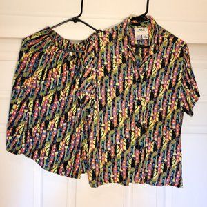 FLAX 2 Piece Set Rayon Shorts & Button Front Blouse Stretch Waist Pockets VTG 90